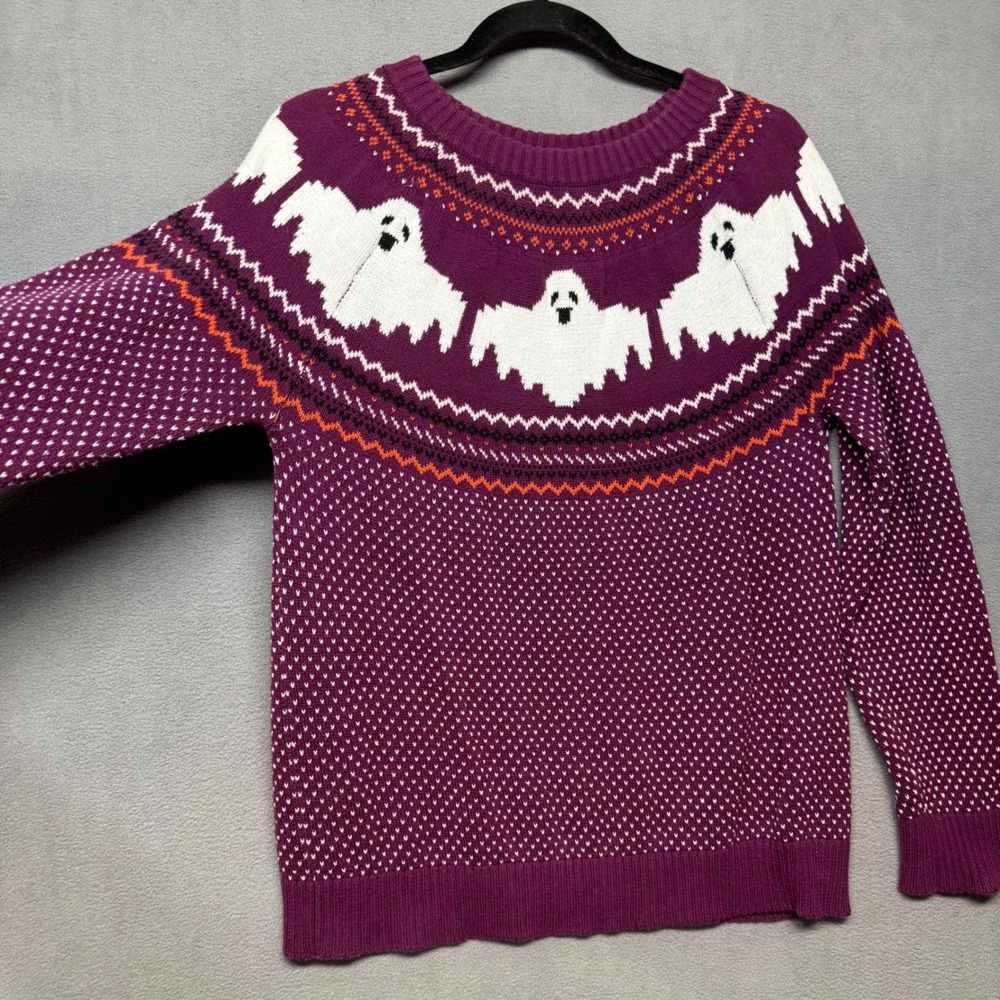 ModCloth Ghost Sweater Halloween Fair Isle Purple Cotton Knit Large Retro Spooky - Picture 2 of 12